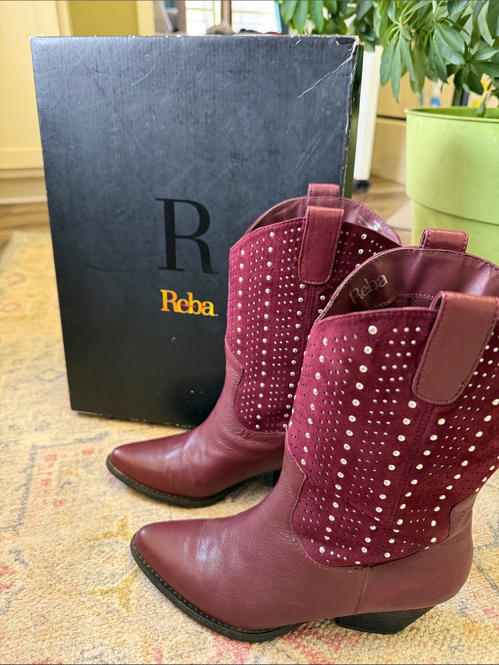 Reba Burgundy Studded Western Ankle Booties